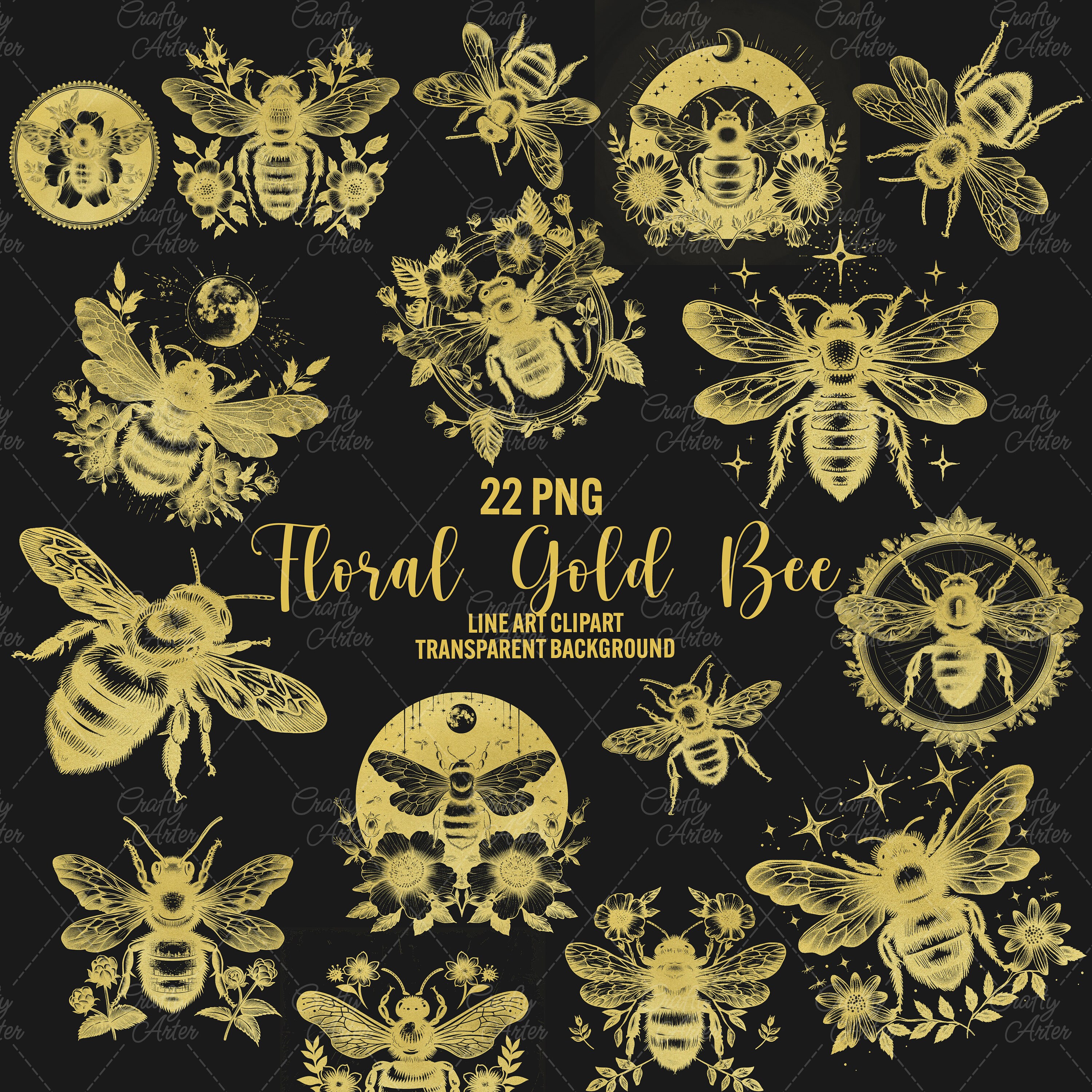 Floral Gold Bee clipart, 22 png golden bee line art, bumble bee, queen bee png, honey bee, celestial png, instant download, commercial use