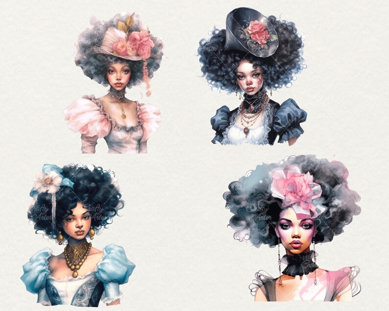 Watercolor Black Princess Clipart: Rococo Style Girls (24 PNG ...