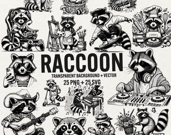 Paquete de imágenes prediseñadas de mapaches adorables, divertidos gráficos vectoriales de animales (25 PNG + 25 SVG)