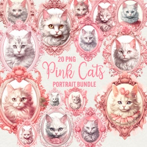 Aquarelle rococo chats Clipart, 20 PNG chat élégant rose pastel, rose des cliparts animaux, clipart portrait de chat pour un usage Commercial