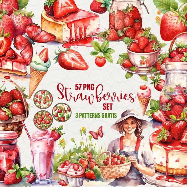 Watercolor Strawberries clipart, 57 PNG digital art strawberry lemonade, cake, fruits, milkshake, ice cream, and more for Commercial Use.