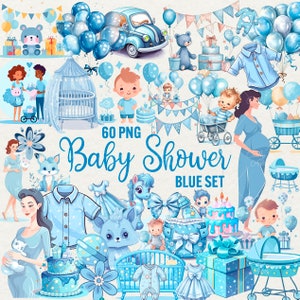 Blue Baby Shower Clipart grafika, 60 PNG Pastelowy clipart vintage przedszkole, noworodek png baby shower, urodzony Mały chłopiec Clipart, Użytek komercyjny