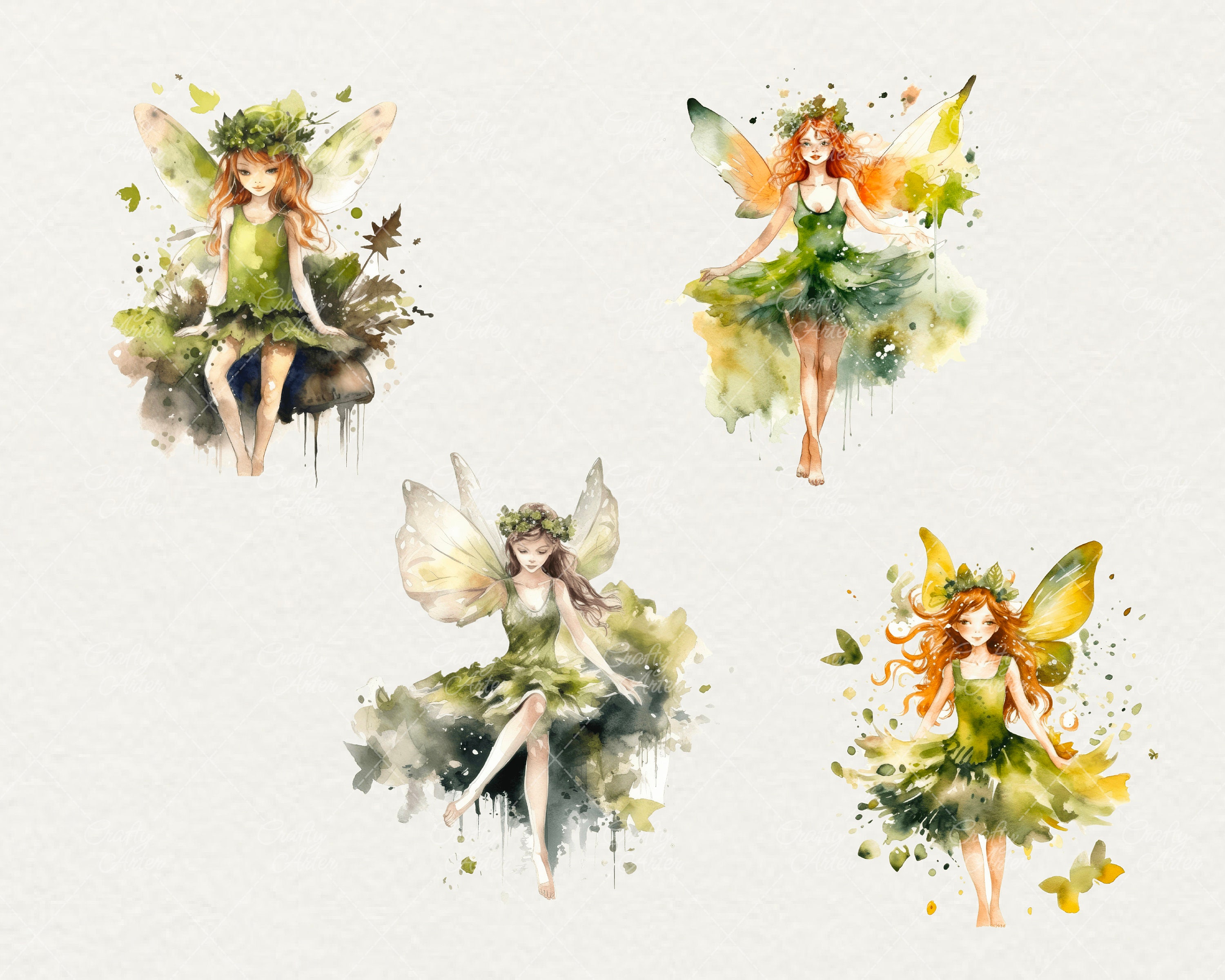 水彩画ファンタジーの森のクリップアート：妖精の城、緑の庭（27 PNG