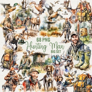 Aquarel jacht clipart, 68 PNG jacht man illustraties, Elk Duck Hunter, natuur clipart, jacht op dieren, instant download voor commercieel gebruik.