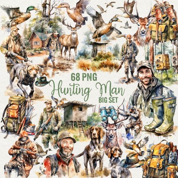 Watercolor Hunting Clipart, 68 PNG Hunting Man clip art, Elk Duck Hunter, nature clipart, Hunt Animals, instant download for Commercial Use.