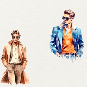 May include: Two watercolor illustrations of men wearing sunglasses and jackets. One man is wearing a brown jacket and the other is wearing a blue jacket.