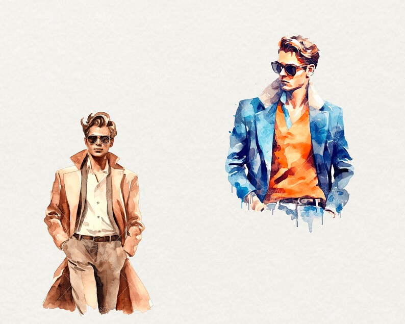 May include: Two watercolor illustrations of men wearing sunglasses and jackets. One man is wearing a brown jacket and the other is wearing a blue jacket.