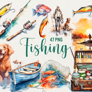 Watercolor Fishing Clipart, Fishing Clipart Bundle, Fishing 47 PNG Clip Art Fishing gift Watercolor Fishing, Commercial Use