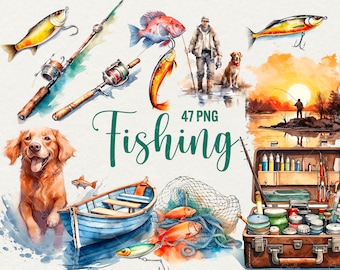 Watercolor Fishing Clipart Bundle: 47 PNG Graphics (Commercial Use)