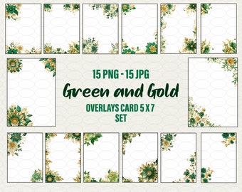 Green Flowers Overlays for invitations, gift card, 15 Green and gold vintage flowers clipart, wedding frames floral clipart Commercial Use.