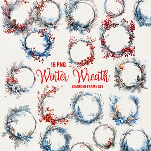 Winterkranz Clipart, 16 png Aquarell Winter Boarder Rahmen Clip Art, Weihnachtsblumenkranz Clipart Kommerzielle Nutzung