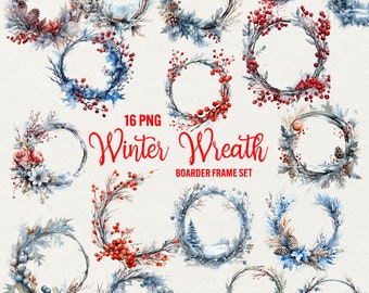 Watercolor Winter Wreath Clipart: Christmas Floral Frames (16 PNG)