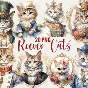 Aquarelle rococo chats clipart, clipart animal mignon, 20 PNG rococo beau chat, clipart animaux de compagnie élégant, téléchargement immédiat, usage commercial.