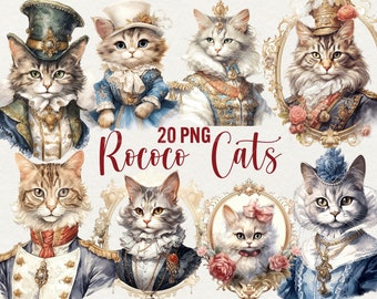 Watercolor Rococo Cats Clipart: Elegant Animal PNG (Commercial Use)