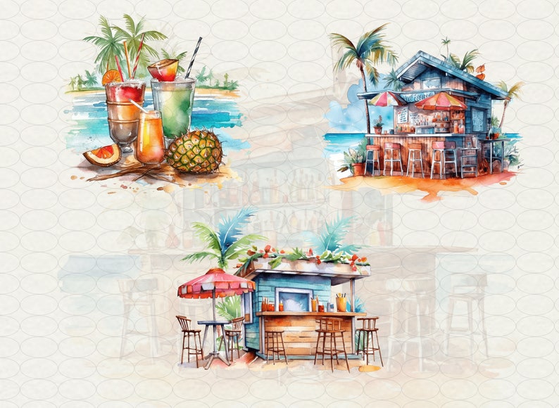 Watercolor Beach bar Clipart, 20 png tropical island Hawaii cocktail bar palms, drink bar on beach, Commercial Use.