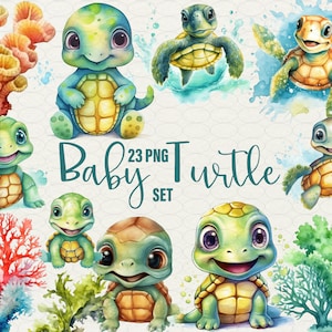 Clipart de acuarela de tortuga bebé, lindos gráficos de baby shower de tortuga, arte mural oceánico para guardería, 23 PNG de animales del zoológico oceánico para uso comercial