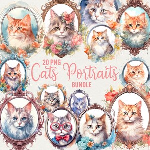 Aquarelle chats portrait des cliparts, 20 PNG pastel chat élégant, des cliparts animaux mignons, clipart portrait de chat pour un usage Commercial