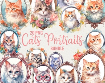 Watercolor Cats Portrait Clipart: 20 PNG Elegant Pastel Animals (Commercial Use)