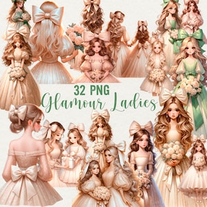 Clipart de senhoras de aquarela Glamour, 32 gráficos de princesa bege PNG, boneca fofa de conto de fadas, png transparente, download instantâneo, uso comercial