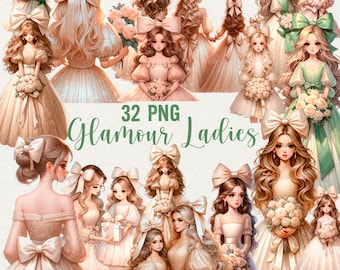 Glamour Ladies Clipart: Beige Princess Dolls, Fashion Illustration (PNG, Digital Download)