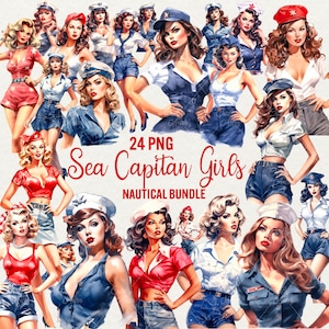 Clipart di ragazze Capitan acquerello, 24 PNG clipart di ragazza nautica, clipart di bella donna, download immediato dell'oceano per uso commerciale