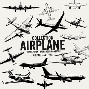 Airplane Clipart Bundle PNG SVG, vintage & modern plane illustration, aircraft vector files, jets svg, transparent background commercial use