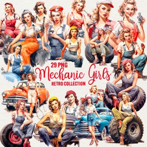 Clipart de meninas mecânicas de aquarela, 29 PNG clipart de garotas de motor, clipart de mulher bonita, download instantâneo de pneu de garotas de caminhão para uso comercial