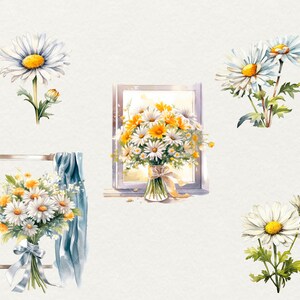 Puede incluir: Una pintura de acuarela de margaritas en varios arreglos. Hay cuatro ramos de margaritas separados, uno en una ventana, uno en un jarr&oacute;n y dos ramos individuales.