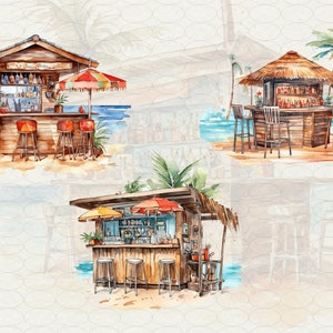 Watercolor Beach bar Clipart, 20 png tropical island Hawaii cocktail bar palms, drink bar on beach, Commercial Use.