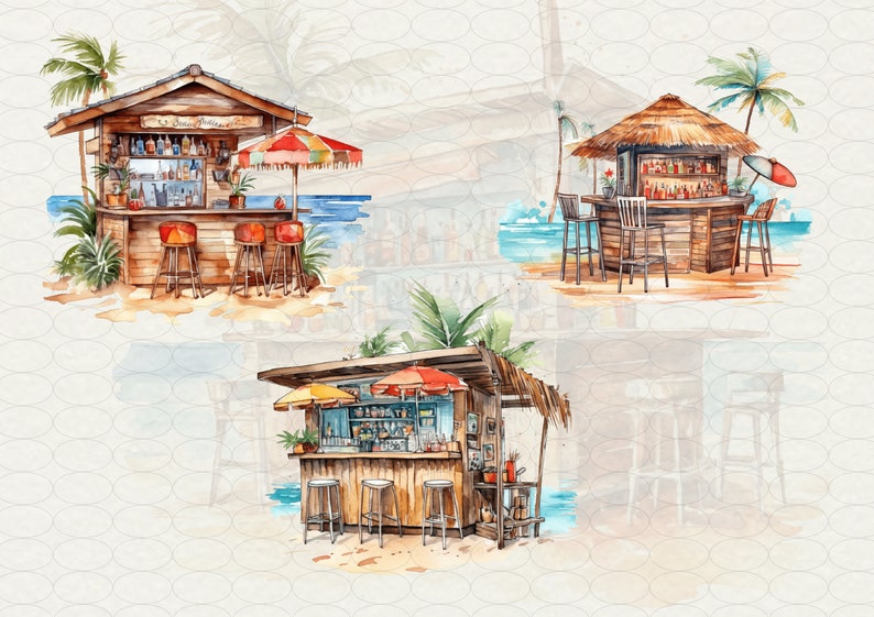 Watercolor Beach bar Clipart, 20 png tropical island Hawaii cocktail bar palms, drink bar on beach, Commercial Use.