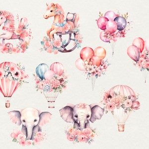 May include: Watercolor illustrations of a pink rocking horse, a pink unicorn, two elephants, and hot air balloons with pink flowers. The hot air balloons are decorated with pink and white stripes.