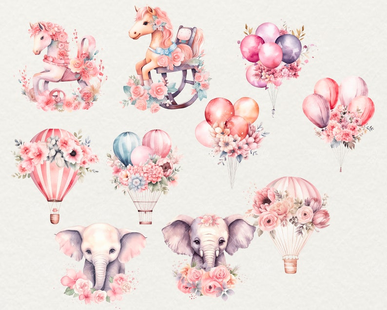 May include: Watercolor illustrations of a pink rocking horse, a pink unicorn, two elephants, and hot air balloons with pink flowers. The hot air balloons are decorated with pink and white stripes.