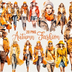 Clipart donna moda autunno, bundle 20 PNG Grafica donna autunno acquerello, Clipart donna trench autunno, Uso commerciale