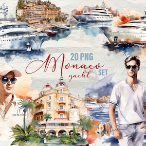 Clipart aquarelle de yacht de Monaco, art en téléchargement numérique 20 png, océan affiche rue de Monaco, aquarelle de Monaco, usage Commercial.