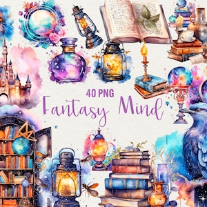 水彩ファンタジー クリップアート、40 PNG 魔法のランプ クリップアート、ファンタジー ブック クリップアート、魔法の鳥ファンタジー ギャラクシー 水彩画。商用利用可
