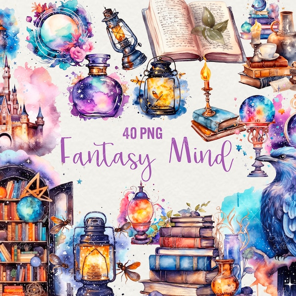 Watercolor Fantasy Clipart, 40 PNG Magic lamp clipart, Fantasy Books Clipart, Magic Bird fantasy galaxy watercolor. Commercial Use