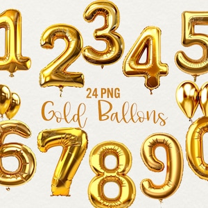 Goudfolie ballonnen Clipart, folieballon nummer Clipart 24 PNG Illustraties: Junk Journal, Paper Crafts, Scrapbook, cadeaubon, Commercieel gebruik