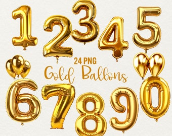 Palloncini con numeri in lamina d'oro Clipart: 24 PNG, grafica per album