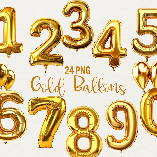 Gold Folienballons Clipart, Folienballon Anzahl Clipart 24 PNG Clip art: Junk Journal, Papierhandwerk, Scrapbook, Geschenkkarte, kommerzielle Nutzung