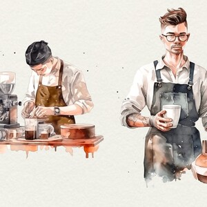 May include: Two people wearing aprons and white shirts are making coffee. One person is using a coffee machine and the other is holding a cup of coffee.
