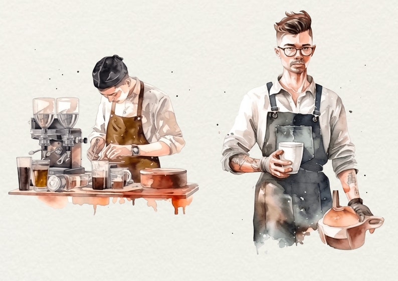 May include: Two people wearing aprons and white shirts are making coffee. One person is using a coffee machine and the other is holding a cup of coffee.