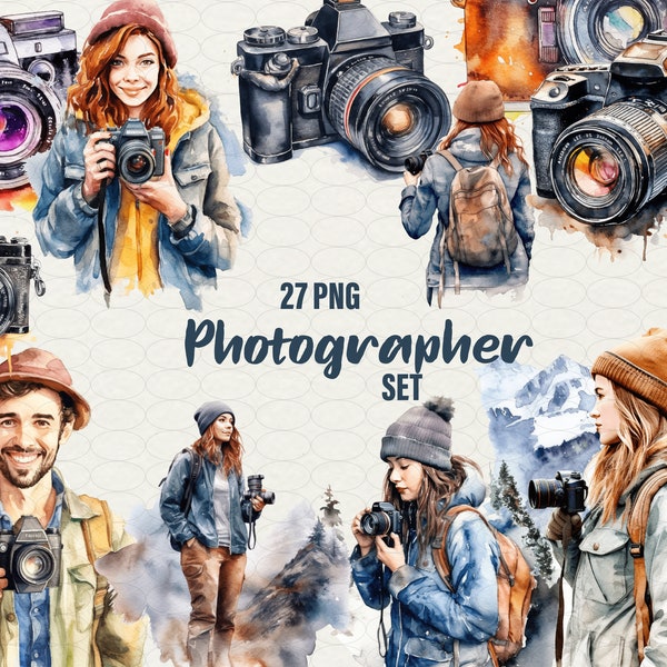 Watercolor Photographer Clipart, 27 png Outdoor photography, digital illustration Nature photo woman with camera clipart. Commercial Use.