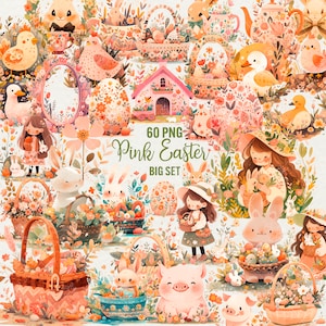 Rosa Ostern Aquarell Clipart Png-Bundle, 60 PNG, Ostern Frühling Boho Clip Art, Osterhase, Eier, sofortiger digitaler Download, kommerzielle Nutzung
