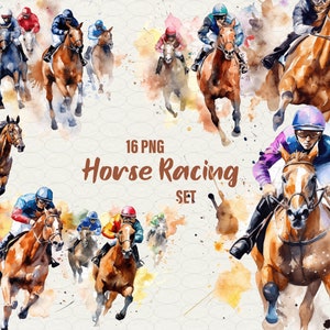 Watercolor Horse Racing Clipart, 16 PNG horse racing Illustration, Derby, Racehorse, Jockey, Commercial Use