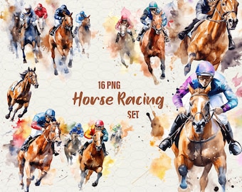 May include: Watercolor painting of 16 horse racing scenes. The horses are brown, white, and black with jockeys in colorful uniforms. The background is a watercolor wash of blue, green, and yellow.