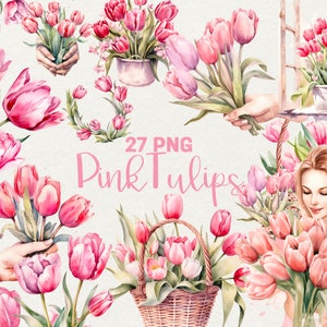 Clipart di tulipani rosa ad acquerello, 27 PNG Clipart di fiori di tulipani ad acquerello, ghirlanda di tulipani, clipart floreale primaverile rosa, uso commerciale
