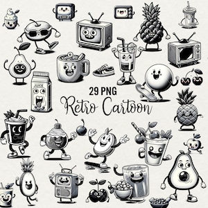 Retro cartoon clipart, 29 png leuke cartoon clipart, glimlach schattig fruit, koffie, dranken gezichten, retro zwart-wit cartoon commercieel gebruik.