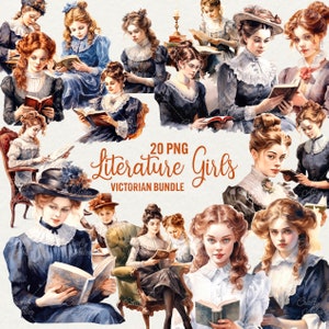 Victoriaans boek meisjes clipart, 20 png-set aquarel vrouw portretten afbeeldingen, vintage dame met boek clipart, mooi meisje commercieel gebruik