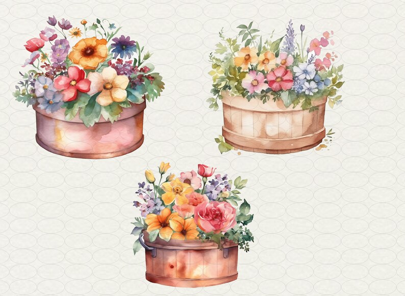 May include: Three wooden flower pots with a variety of colorful flowers. The pots are painted in shades of brown and pink. The flowers are in bloom and include pink, yellow, orange, purple, and white flowers.