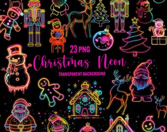 Neon Christmas Clipart Set: 23 PNG Holiday Illustrations (Transparent Background)
